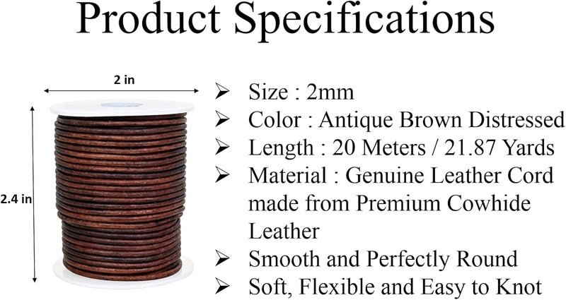 GENIQUE Real/Genuine Round Leather Cord for Jewelry Making, Leather String Cord for Crafting, Necklace, Bracelets, Braiding, Wraps (2mm, Antique Brown Distressed) - Image 3